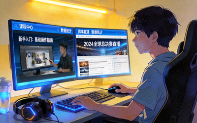 电竞新人通过平台学习教学内容与观看赛事资讯提升技能的场景