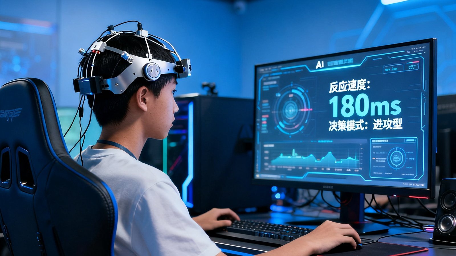 电竞青训营中，年轻选手佩戴脑电监测设备进行训练，AI系统实时分析其反应速度和决策模式
