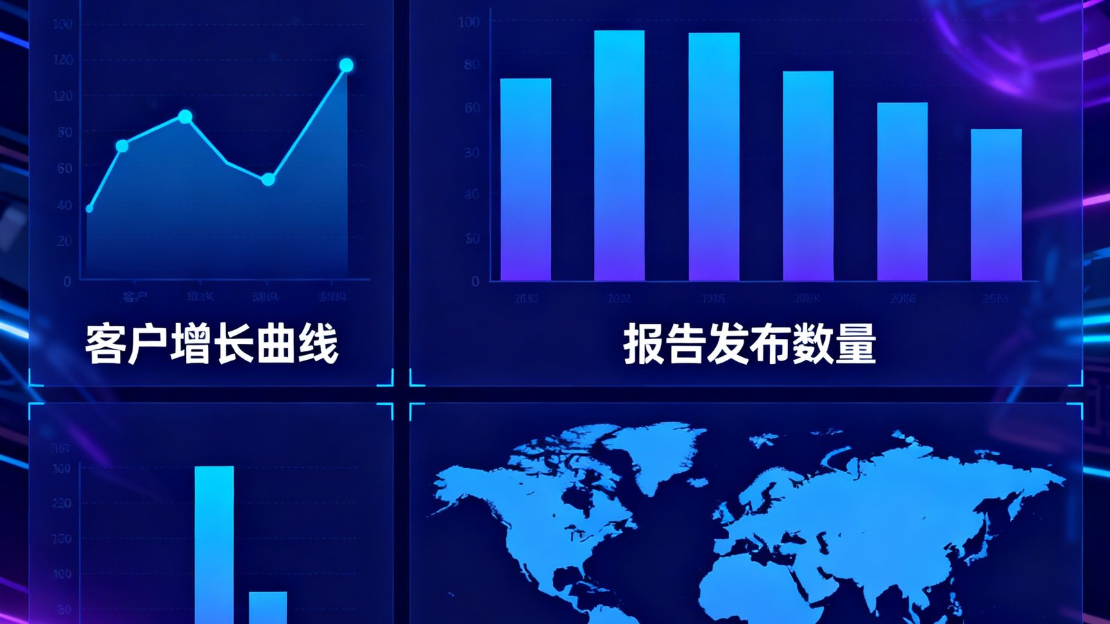 星空电竞年度数据成果汇总信息图，包含客户增长曲线、报告发布数量柱状图和全球研究覆盖区域地图