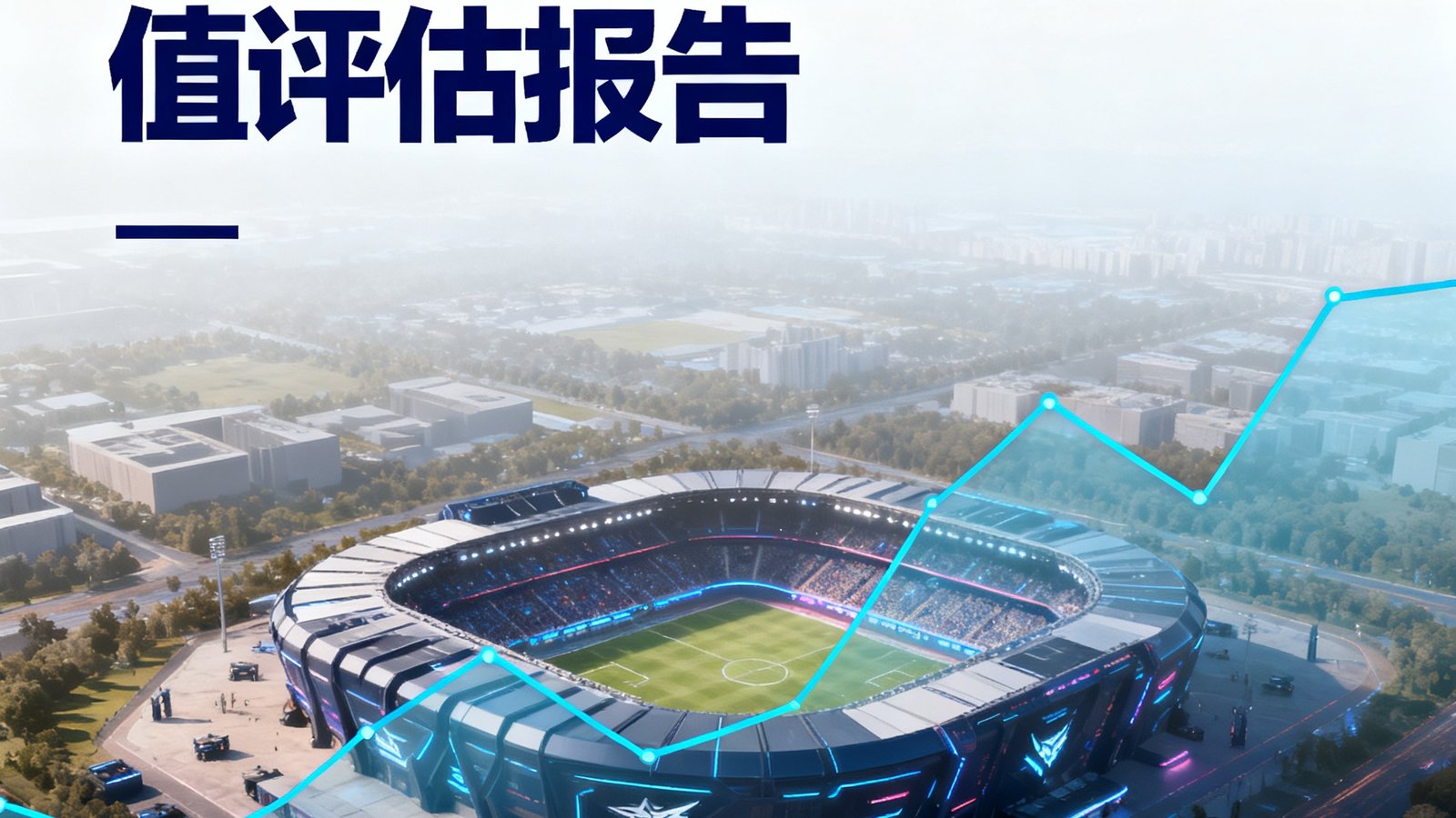 《全球电竞赛事赞助价值评估报告》封面，以电竞场馆鸟瞰图为背景，叠加数据分析曲线