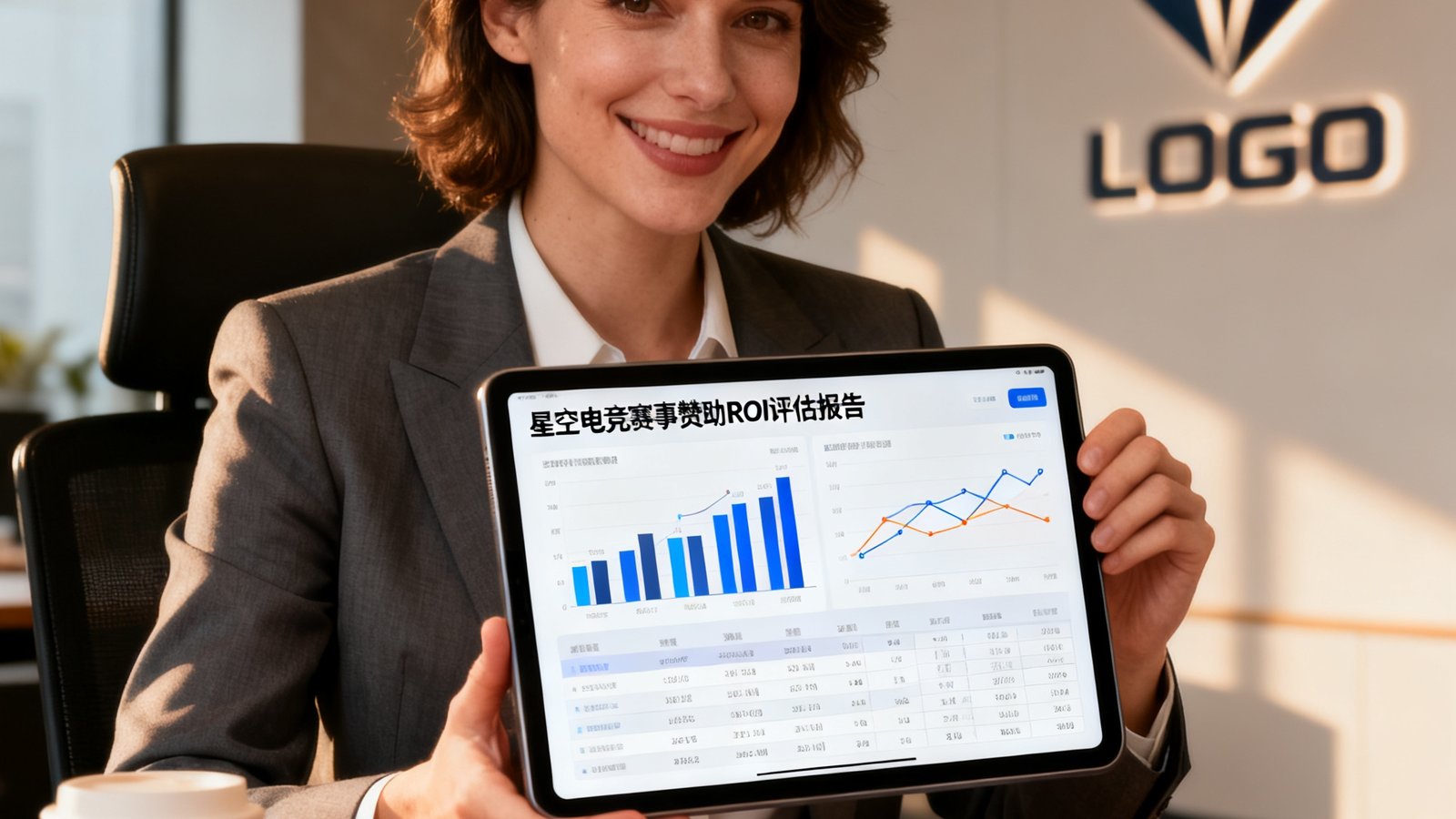 一位国际快消品牌的市场总监正在平板电脑上仔细查看星空电竞提供的赛事赞助ROI评估报告，表情满意